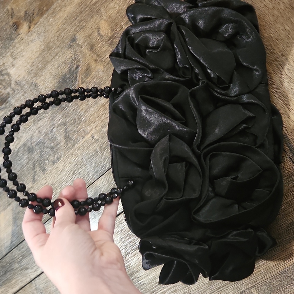 Satin Black Roses Large Handbag **broken zipper** satin lined, faux pearls, goth
